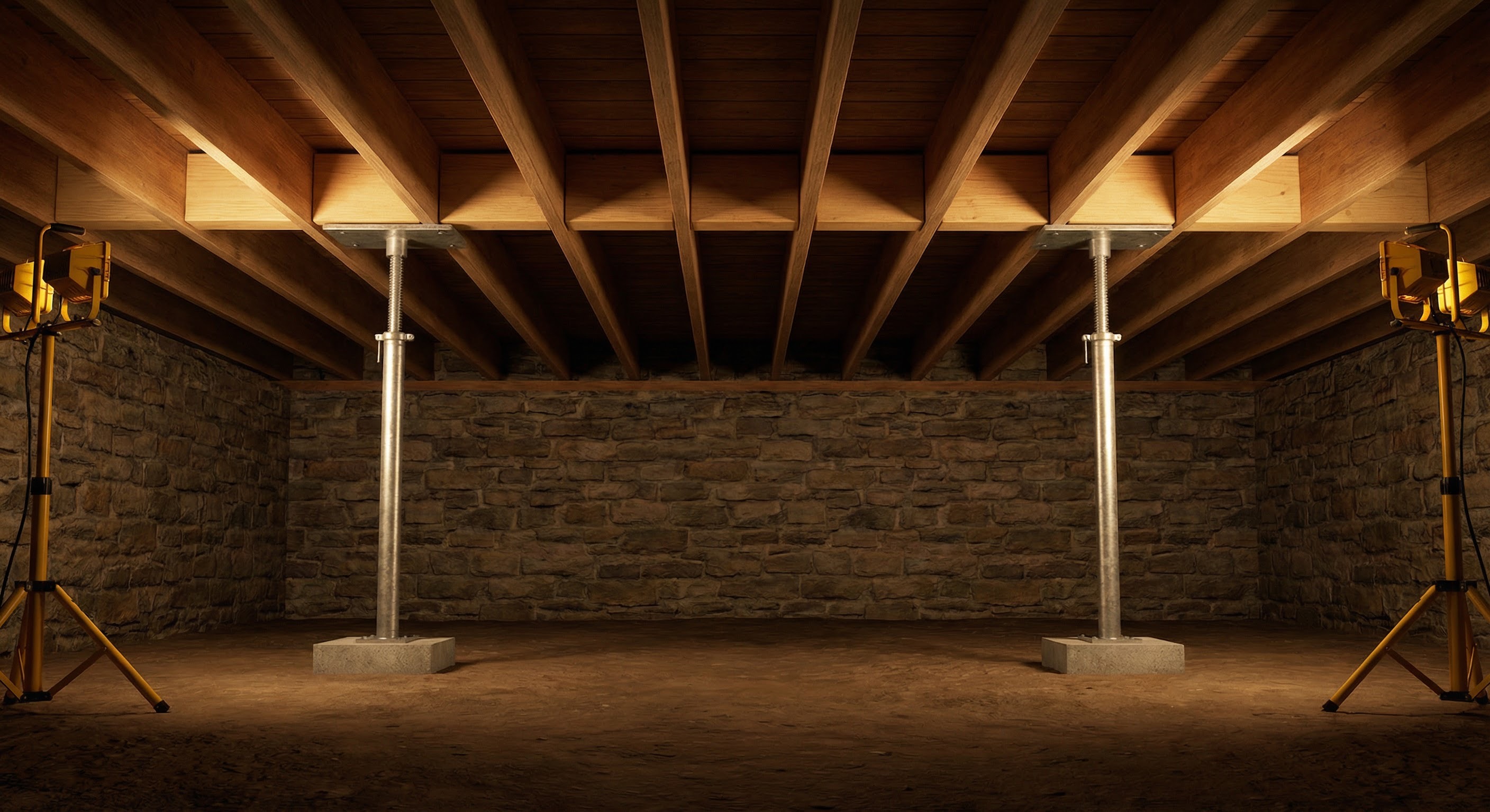 New LVL beam with adjustable steel support columns in a Cleveland basement